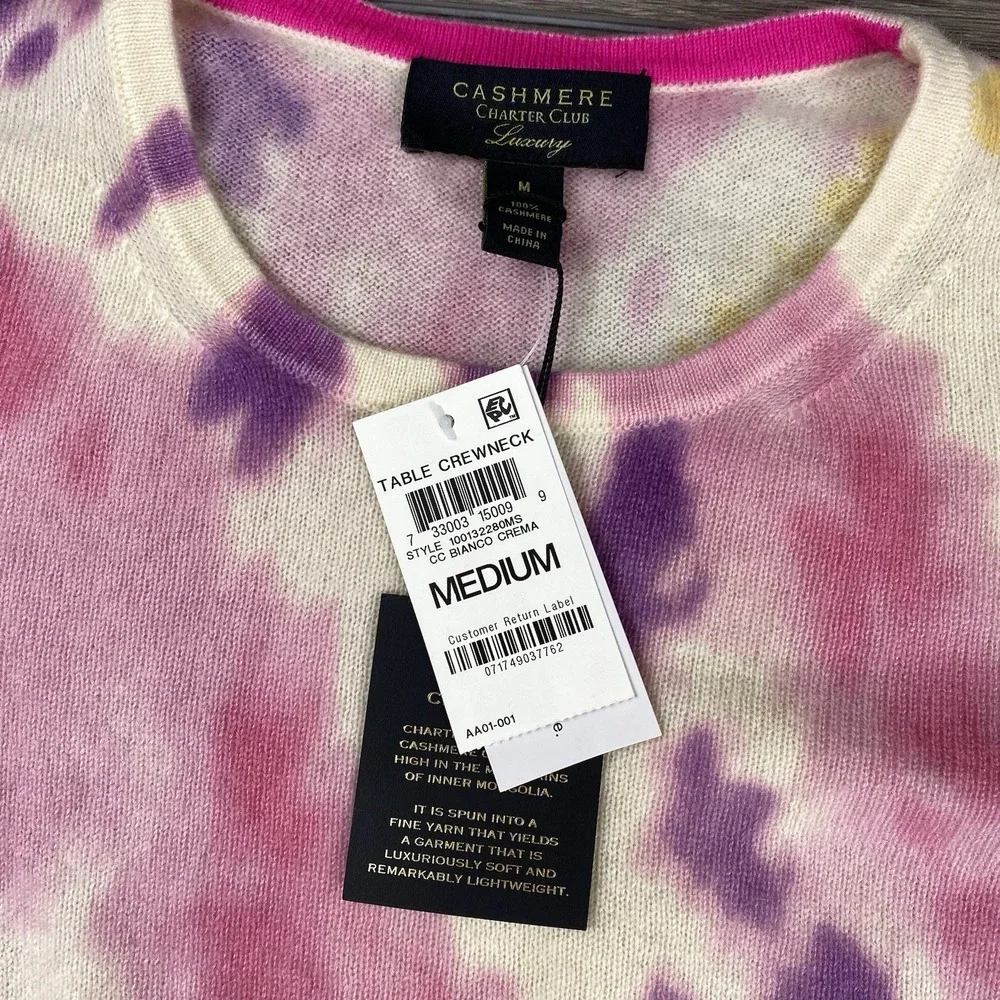 Charter Club Women's Luxury Cashmere Crew Neck Sweater Pink Yellow Tie Dye M New